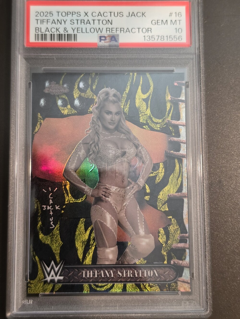 2025 Topps Chrome WWE Cactus Jack Black & Yellow Refractor Tiffany Stratton PSA
